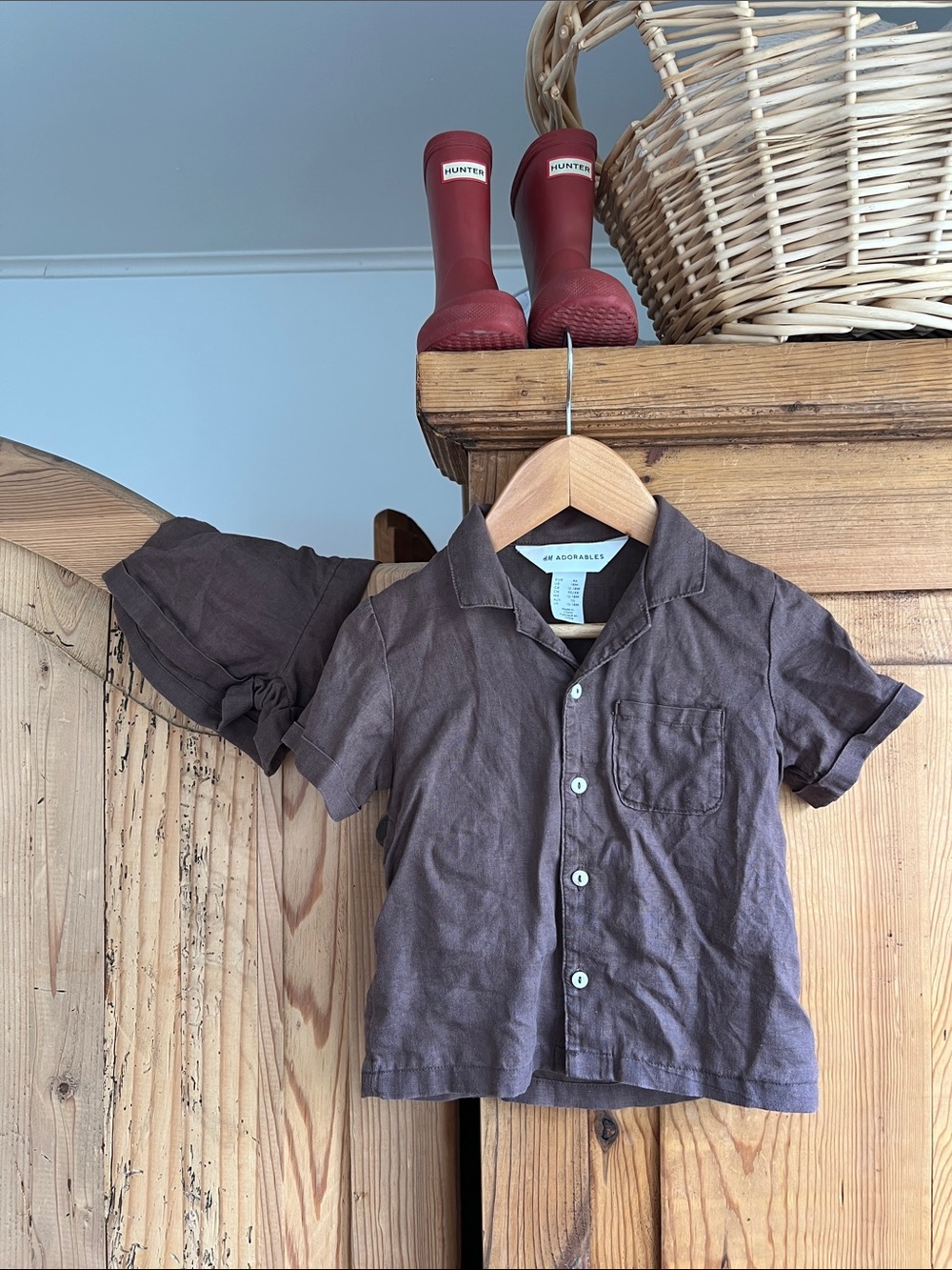 H&M | 100% Linen Brown Short-Sleeve Button-Up Short Set